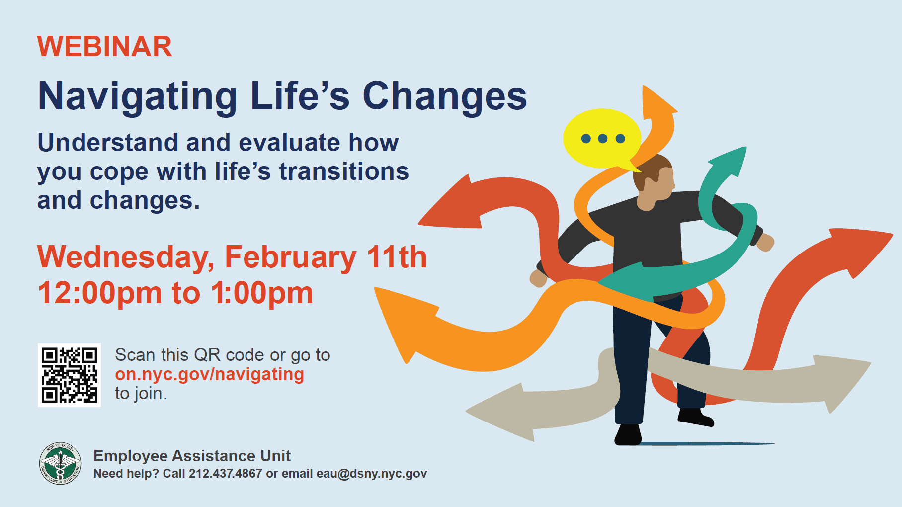 Local-831 A person stands at a crossroads surrounded by colorful arrows pointing in different directions; details for a webinar on coping with life changes are shown.